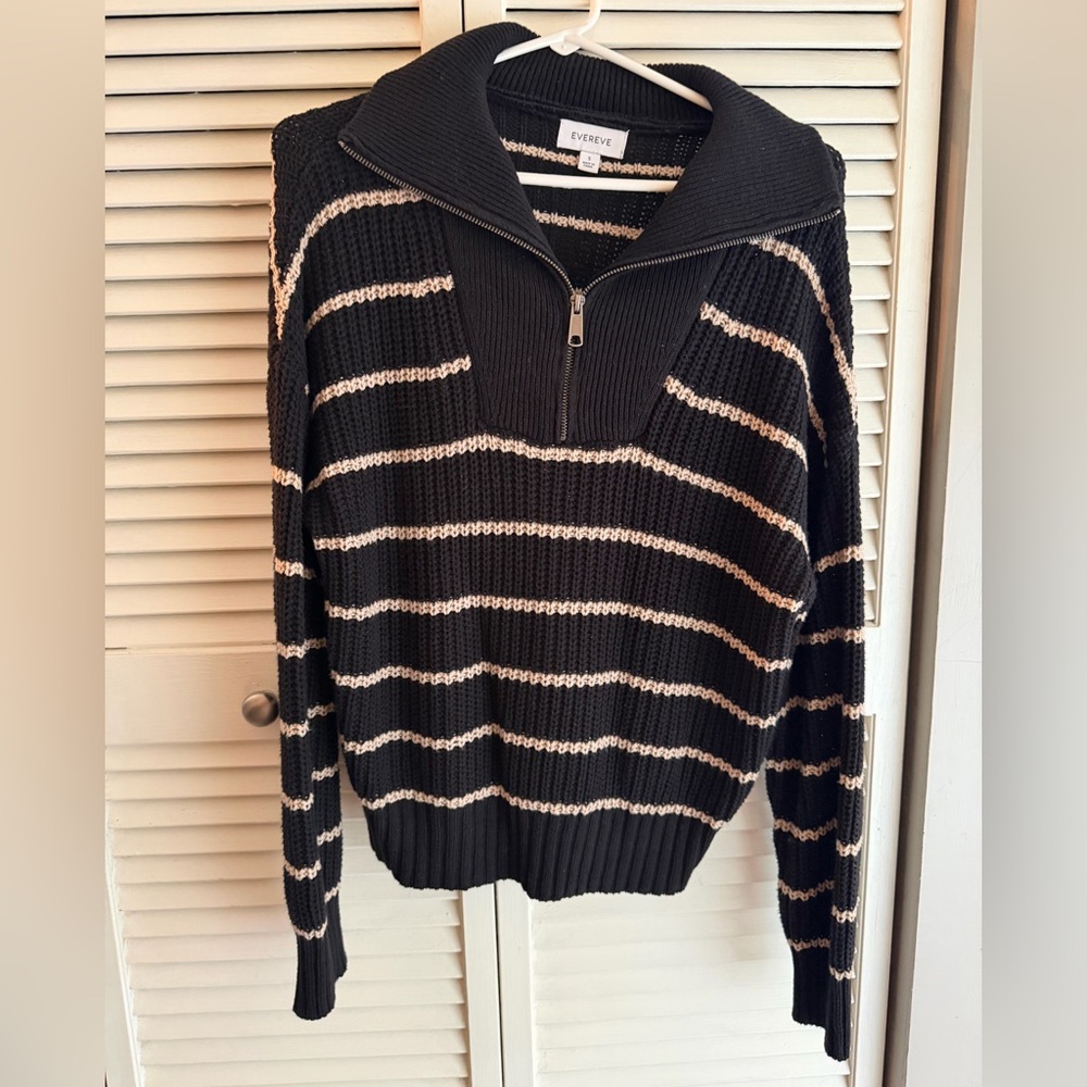 EVEREVE OVERSIZE GIGI BLACK W/ TAN STRIPE, 1/4 ZIP PULLOVER COZY RIB SIZE SMALL